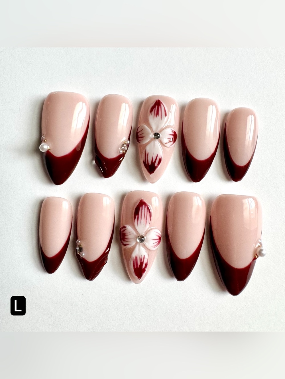Nude Press On Nails with Burgundy French Tips
